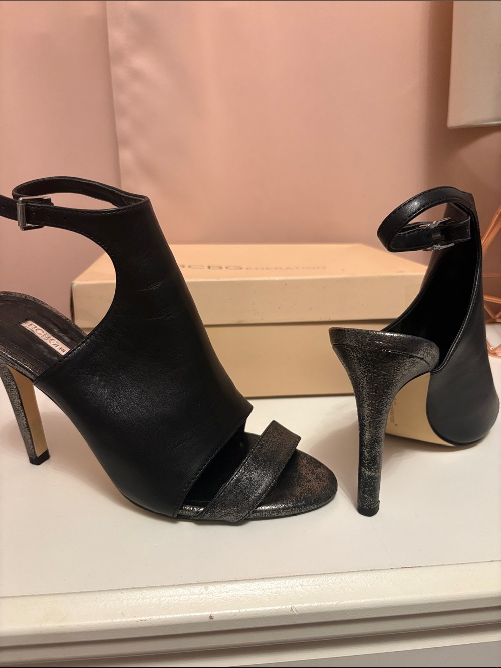 BCBGeneration Black Open-Toe Ankle Strap Stiletto Heels